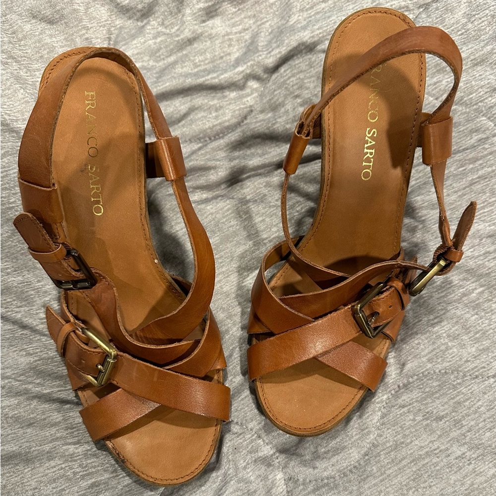 Franco Sarto Camel Brown Leather Wedge Sandals